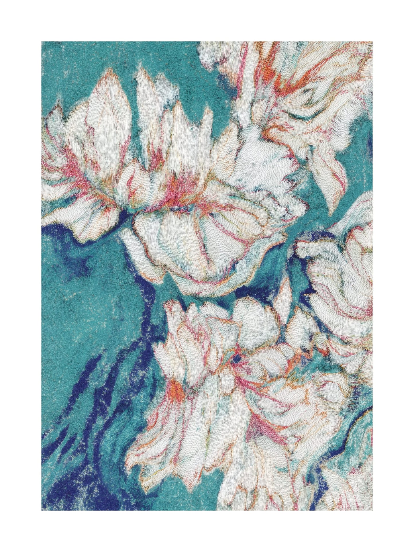 White flower petals floating over teal water in pastel style