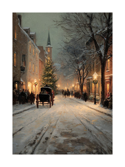 Vintage snowy street with horse carriage Christmas poster