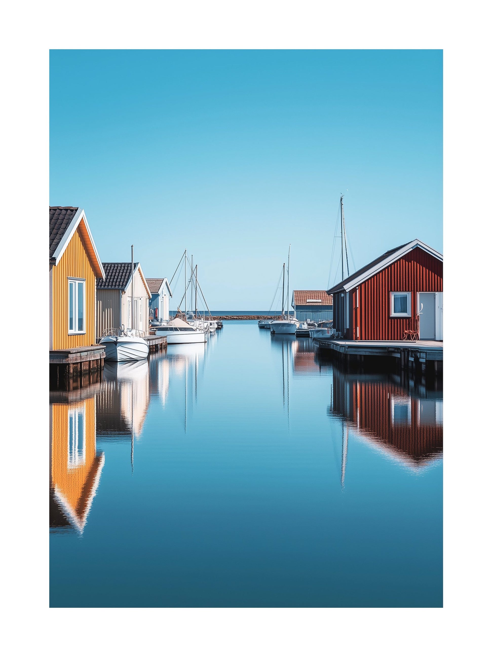 Poster of wooden boathouses reflected in the calm marina of Smögen