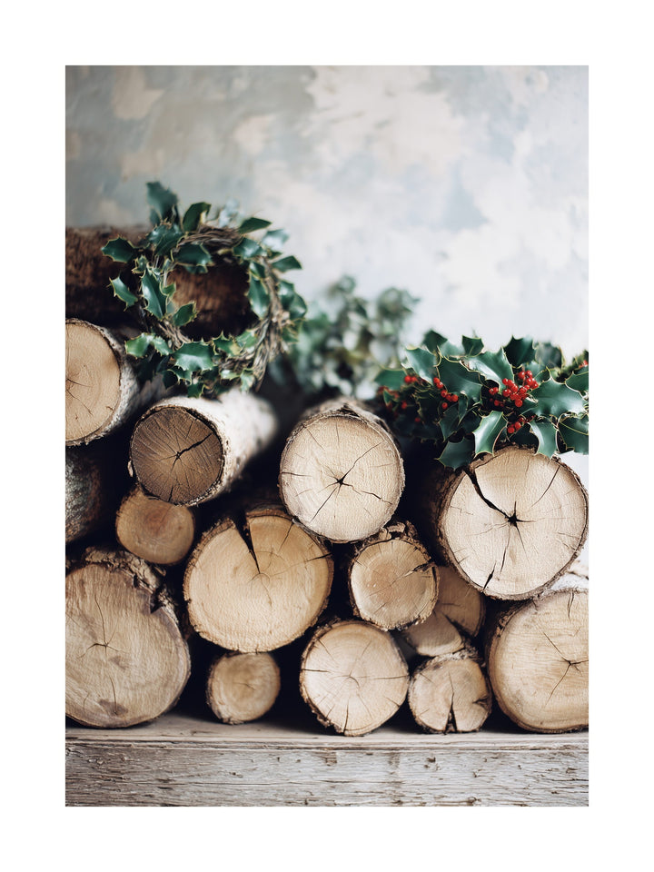 Stacked firewood with holly wreaths and red berries Christmas poster