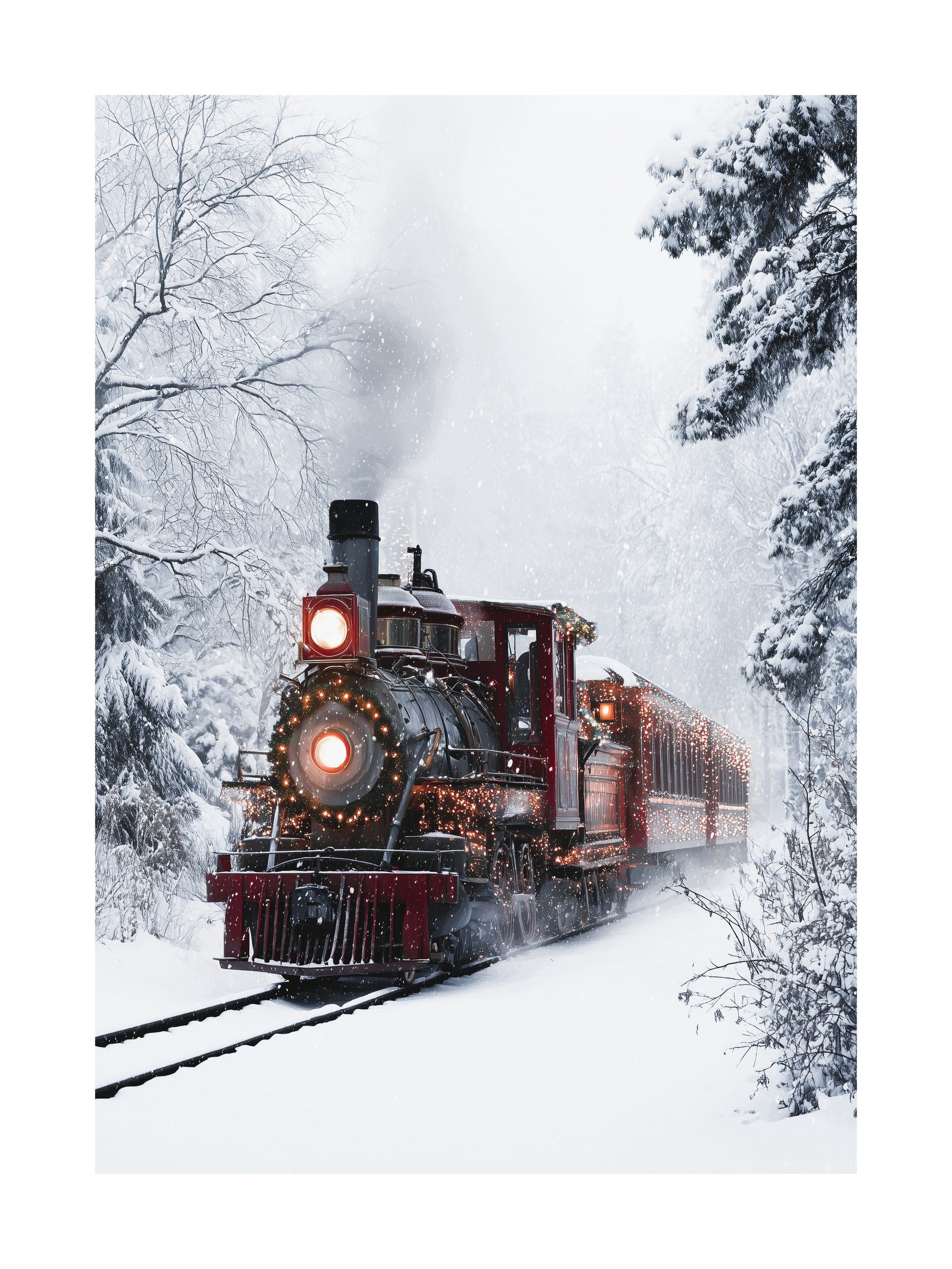 Red Christmas train in snowy forest poster with festive lights