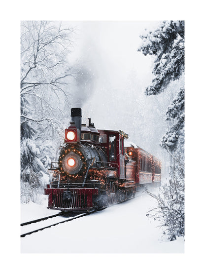 Red Christmas train in snowy forest poster with festive lights