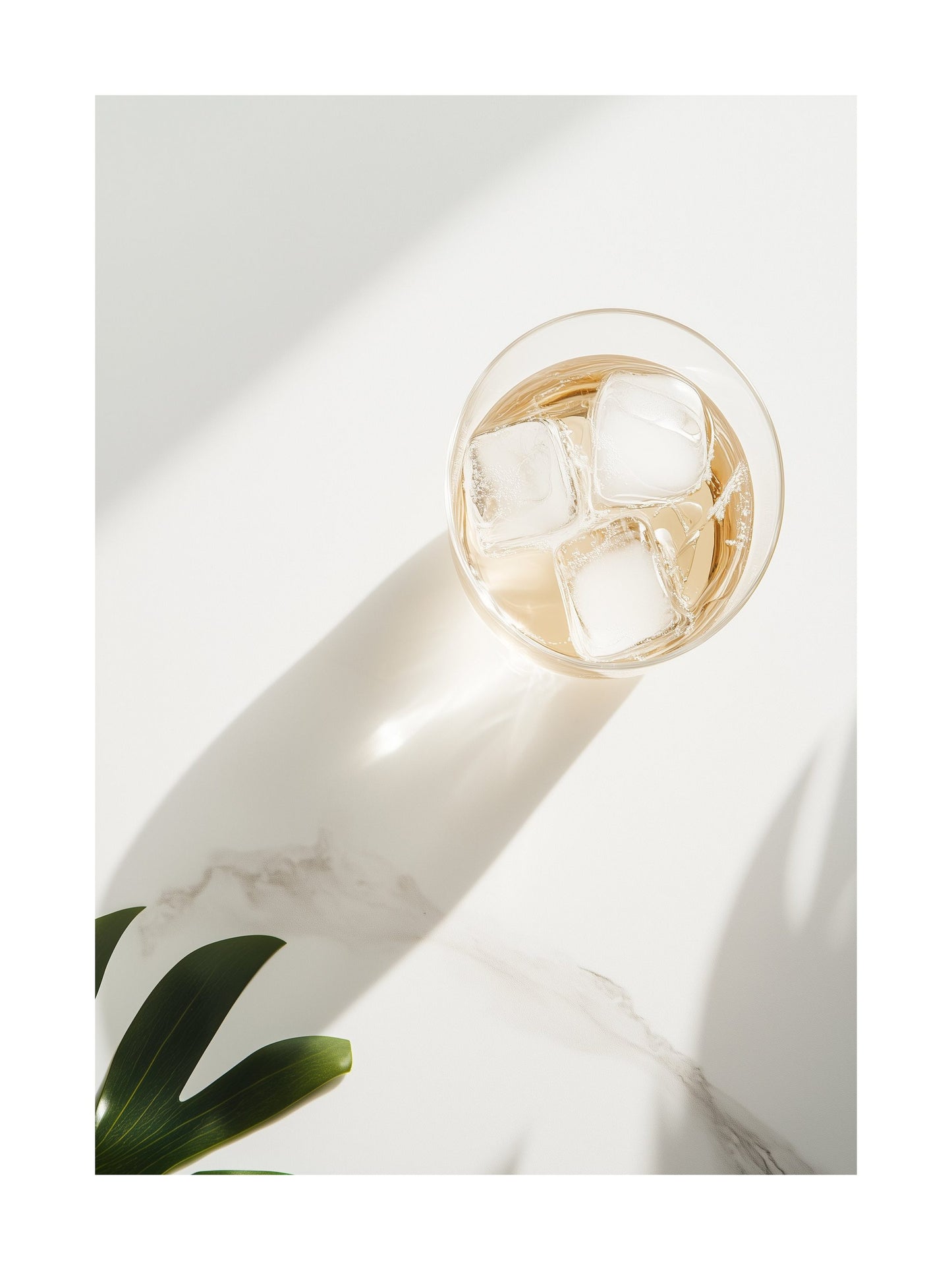Overhead photo of a cocktail with ice cubes and shadow play on a light surface. Ideal for wall art in your home, office, or studio.