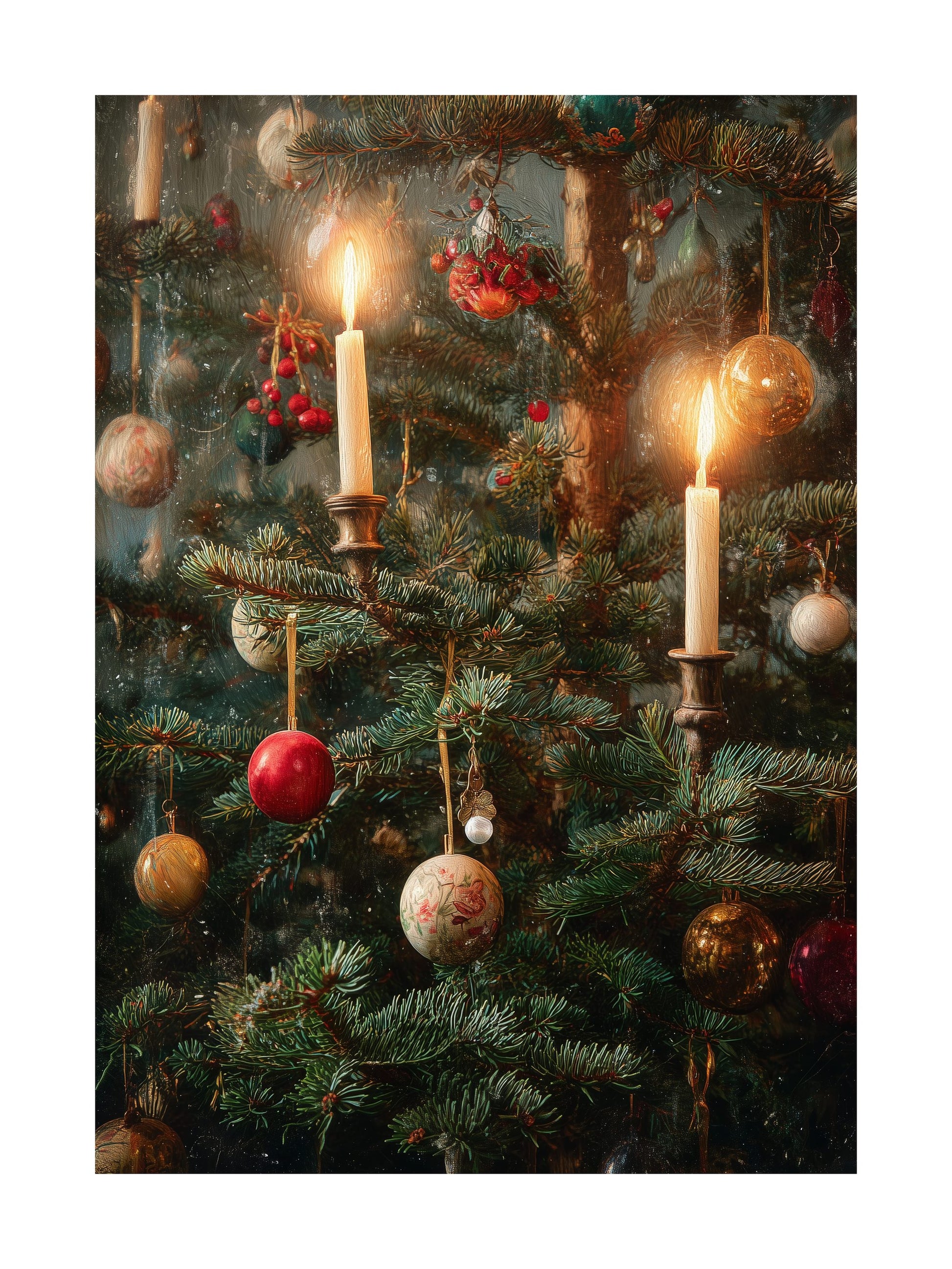 Christmas tree with candles and ornaments close-up poster