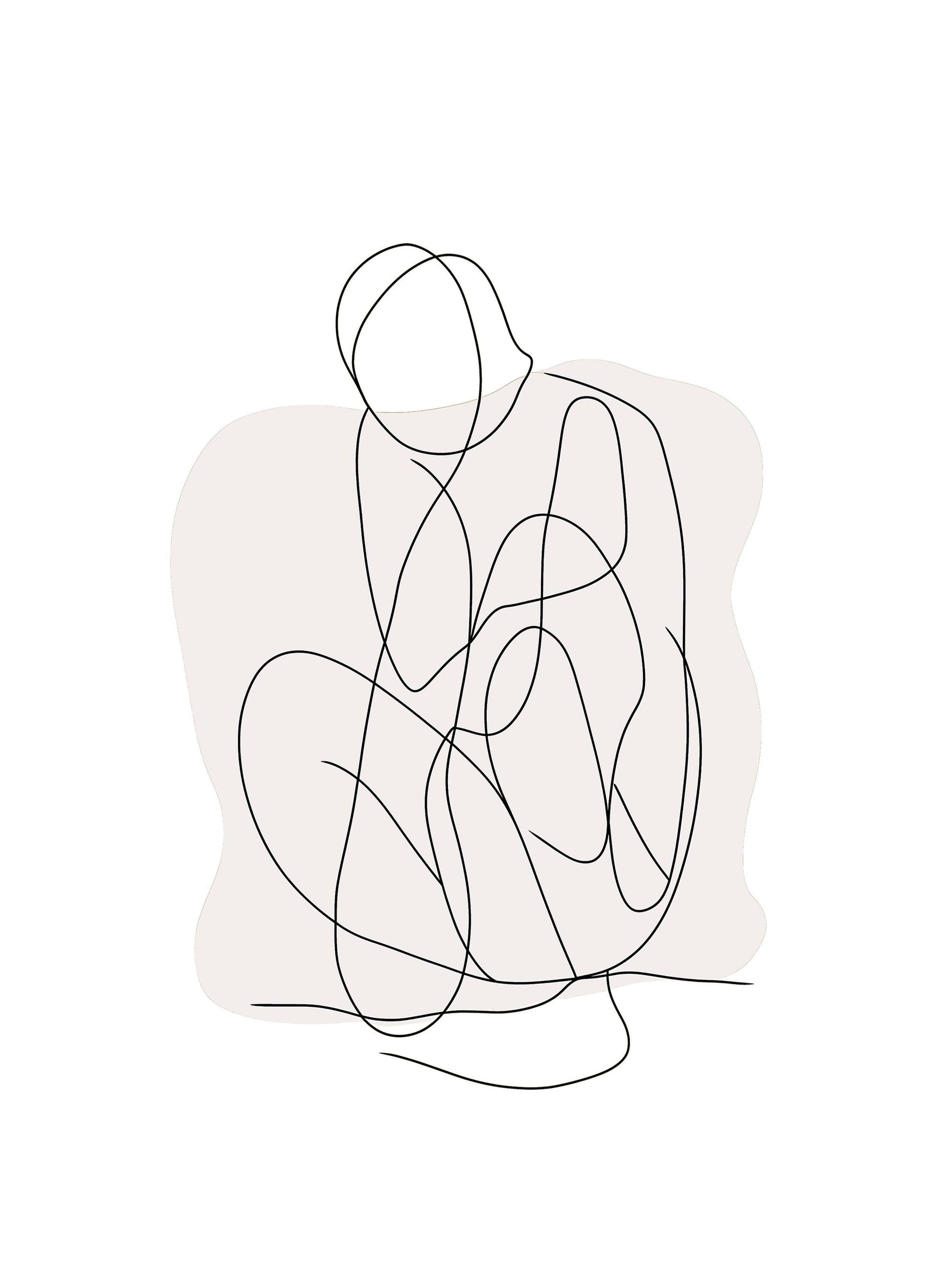 Minimalist single line drawing of a crouching figure on light background