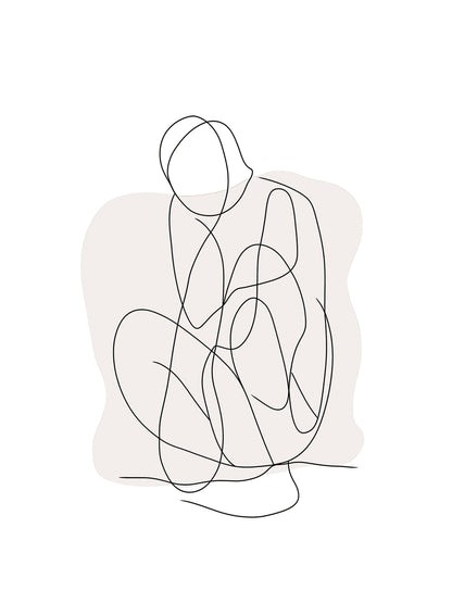 Minimalist single line drawing of a crouching figure on light background
