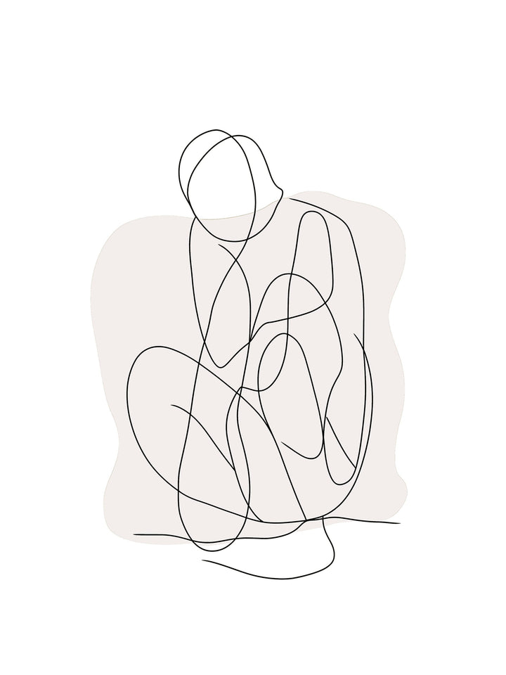 Minimalist single line drawing of a crouching figure on light background