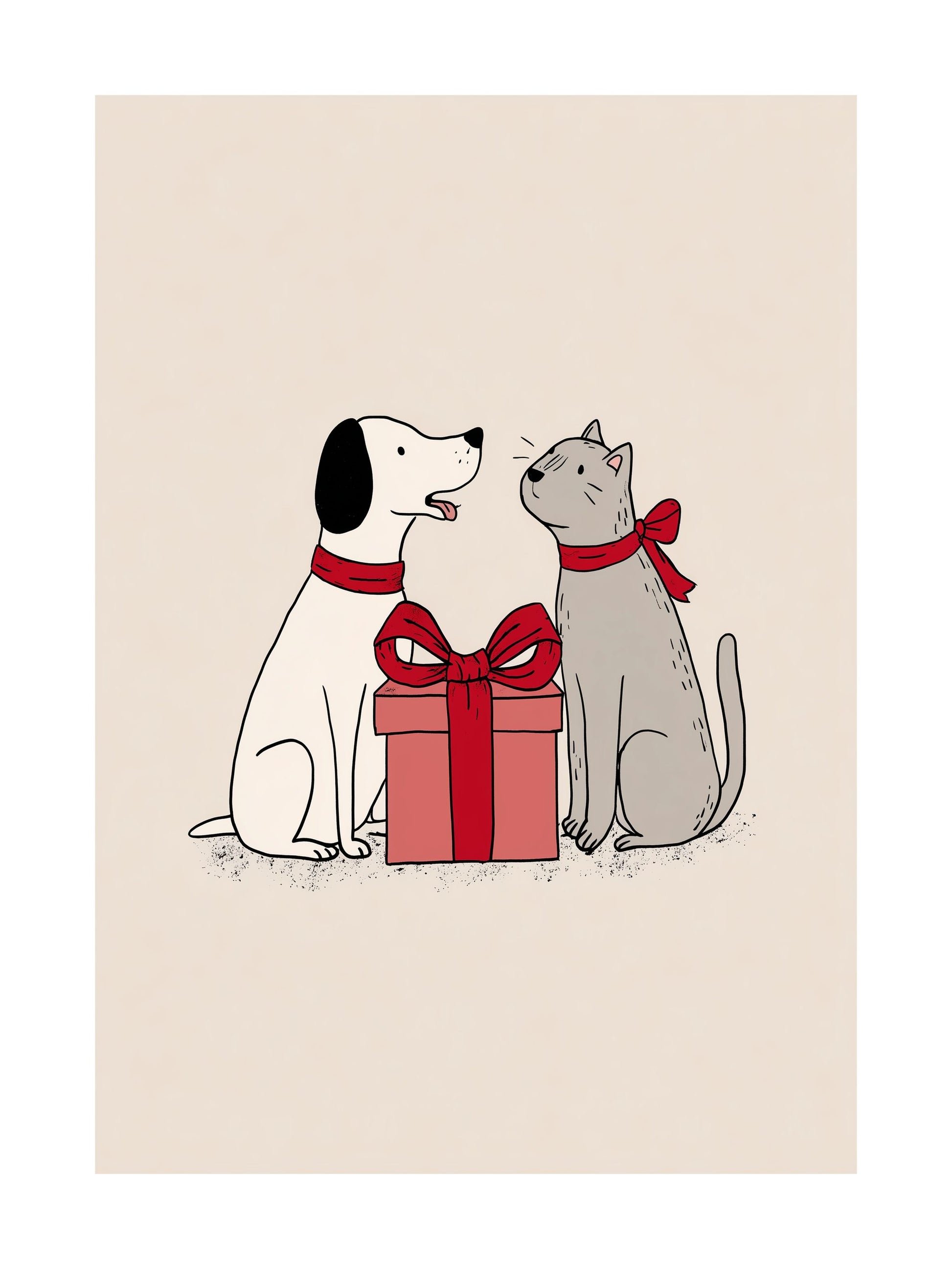 Cute dog and cat with red Christmas gift illustration poster