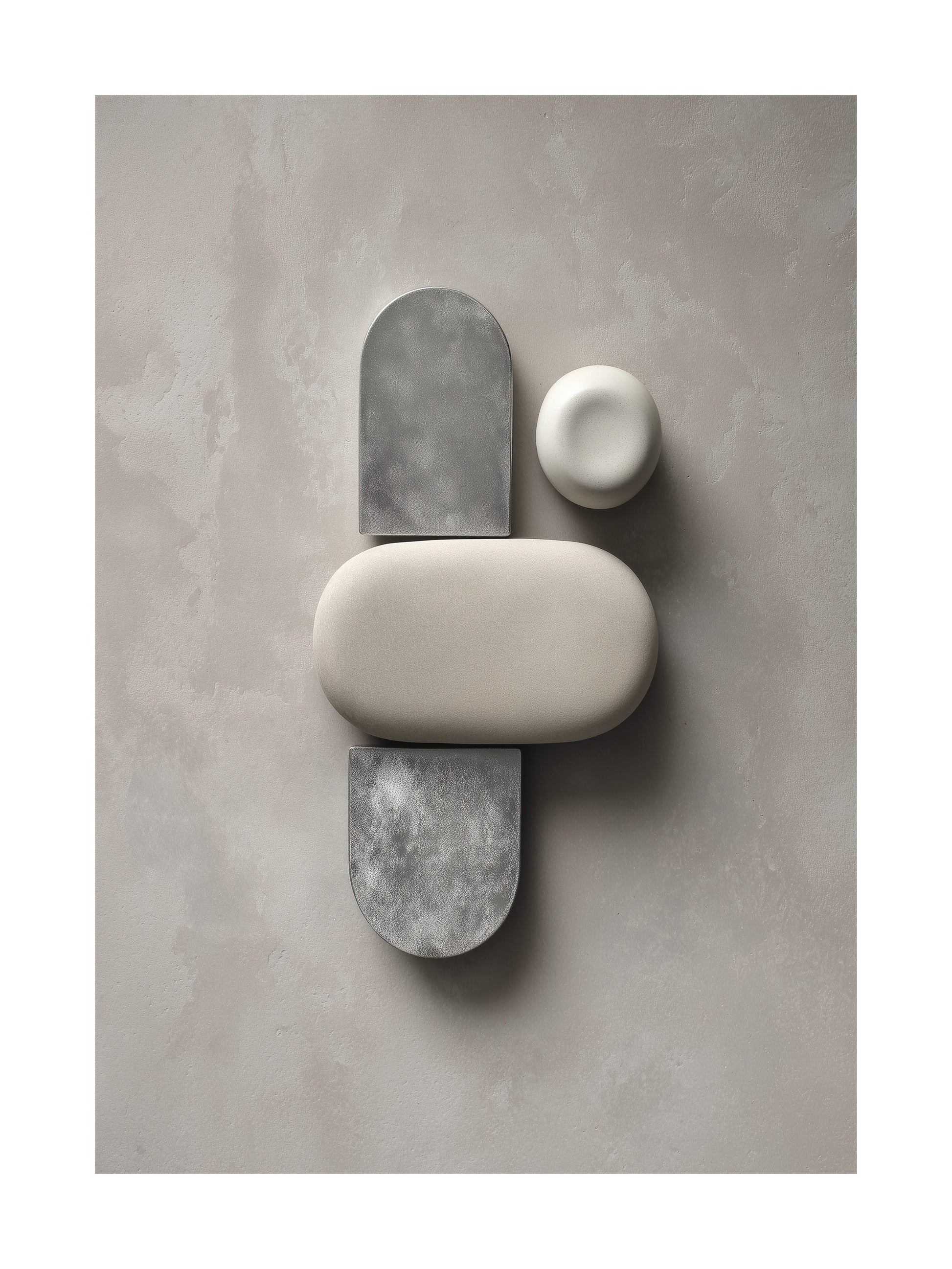 Abstract poster with sculptural stone shapes in neutral tones