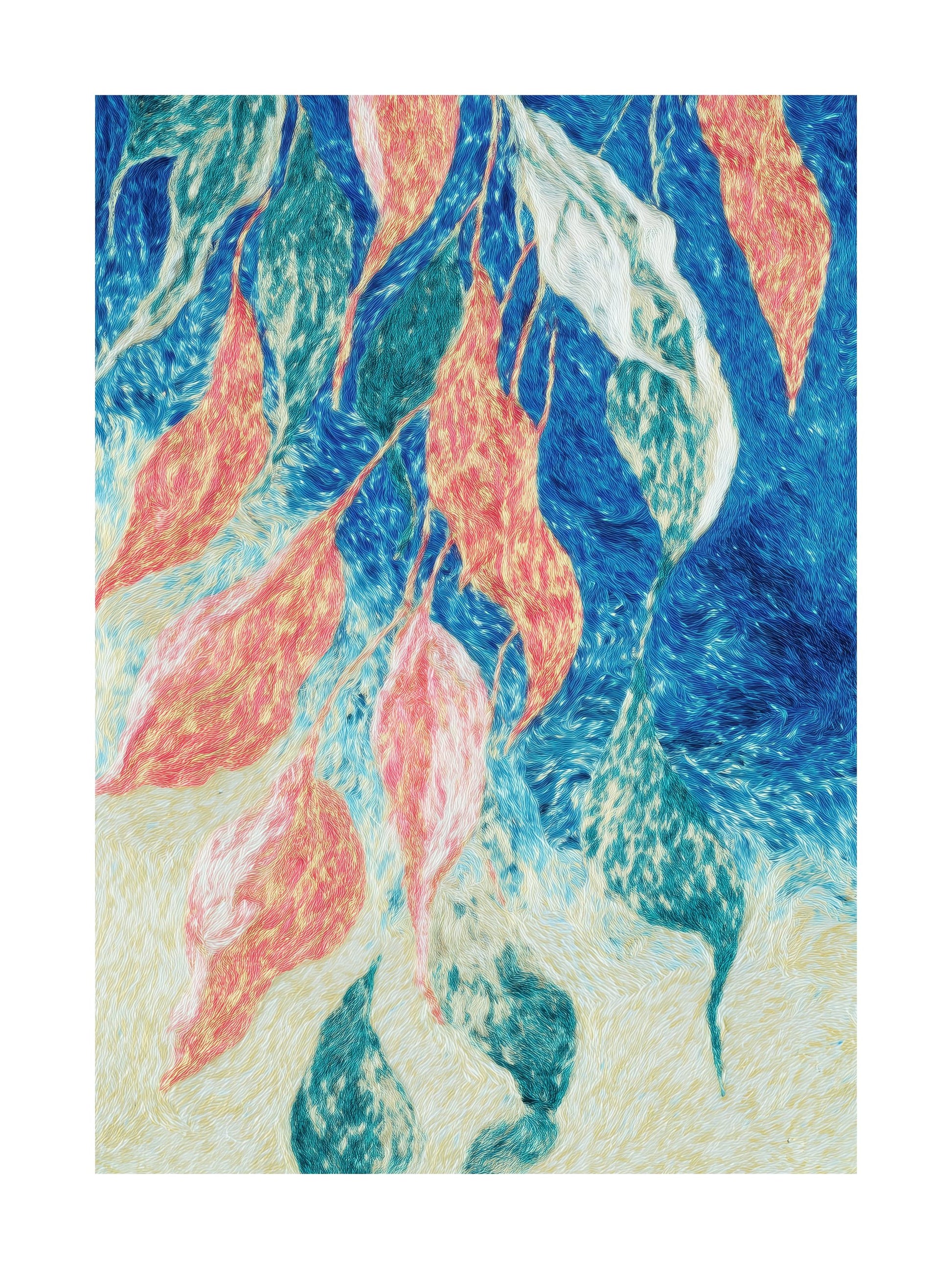 Abstract leaves flowing in blue and coral hues