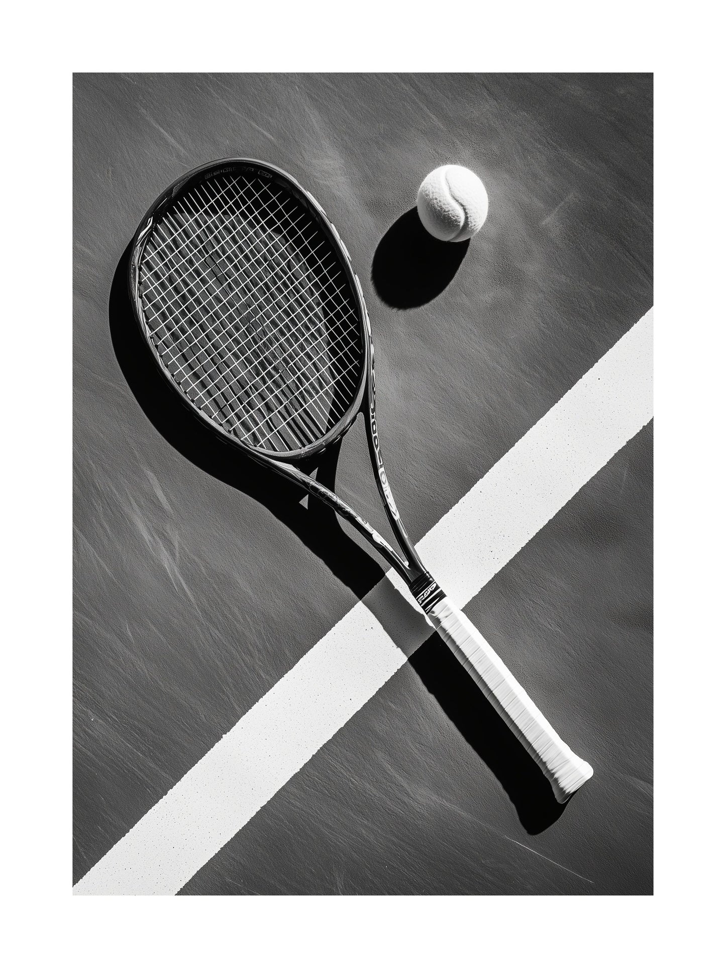 Black and white photo of tennis racket and ball on court surface