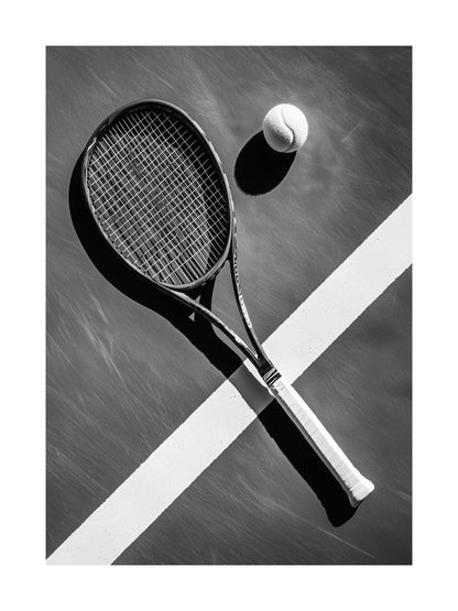 Black and white photo of tennis racket and ball on court surface
