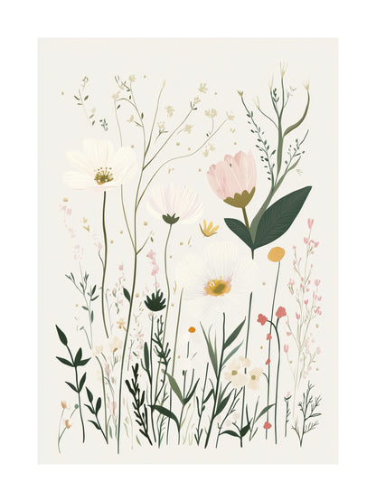 Poster of wildflowers in soft pastel colors on cream background, ideal for bedroom or nursery wall art