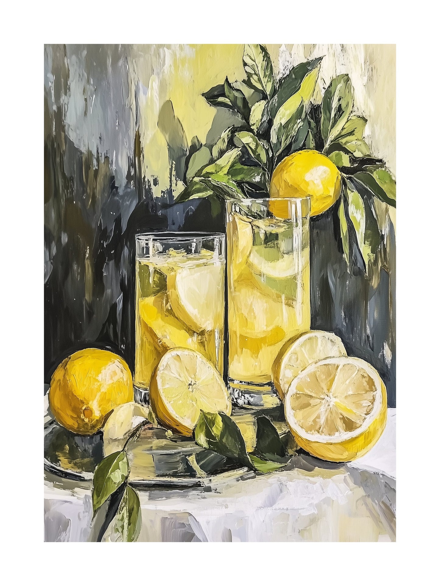 Artistic poster of limoncello and sliced lemons on a table