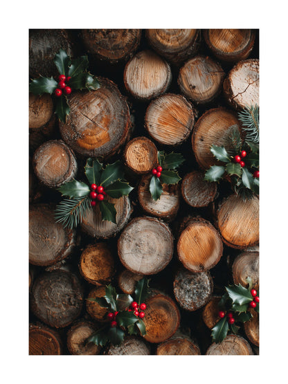 Stacked firewood with holly leaves and red berries poster