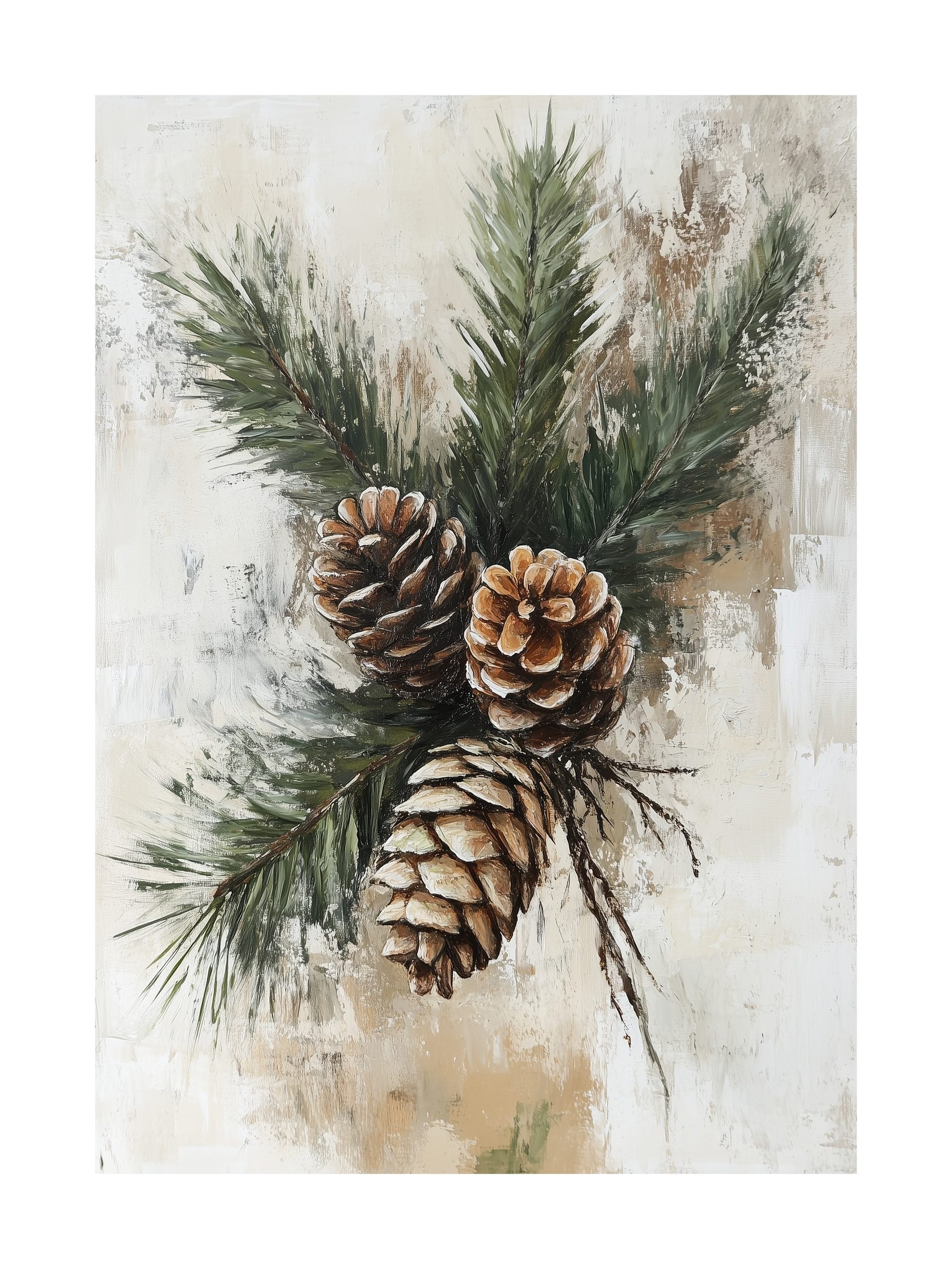 Painted pinecones and evergreen branches poster in neutral winter tones