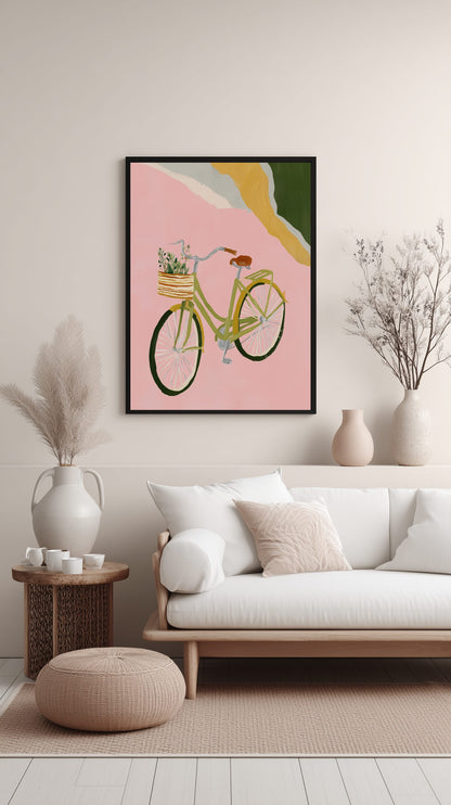Green Bike on Pink Poster