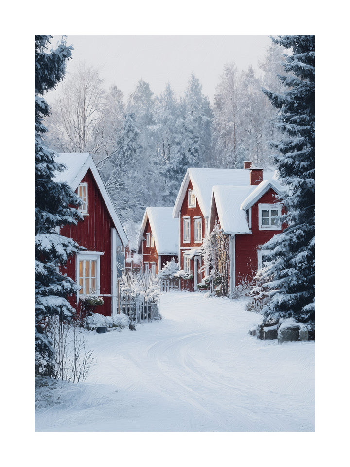 Red Swedish houses in snowy winter landscape poster