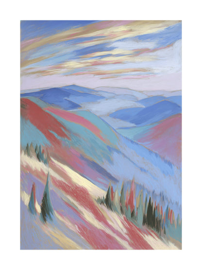 Mountain view with layered hills and golden sky