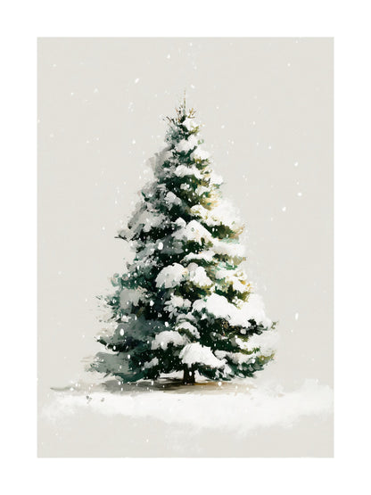 Painting of a snow-covered fir tree on a light background.