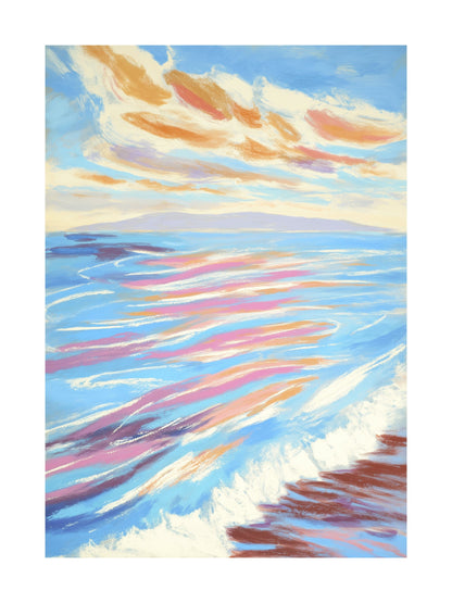 Pastel ocean waves with golden clouds at sunset
