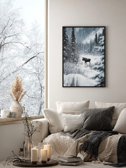 Nordic Moose in Winter Forest Poster
