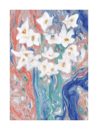 Stylized bouquet of white flowers with a marbled red and blue background.