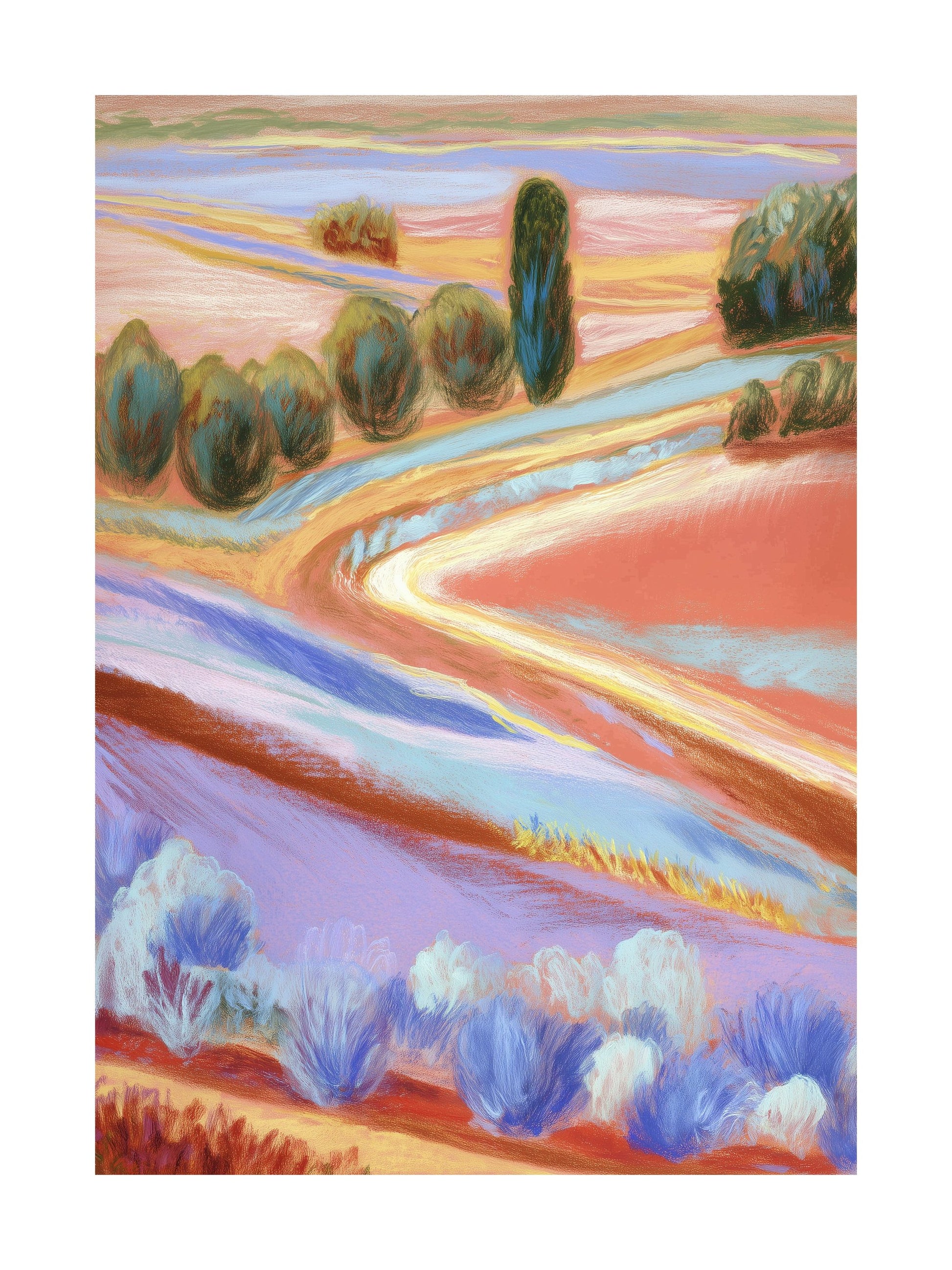 Colorful pastel landscape with fields, hills, and a winding road.