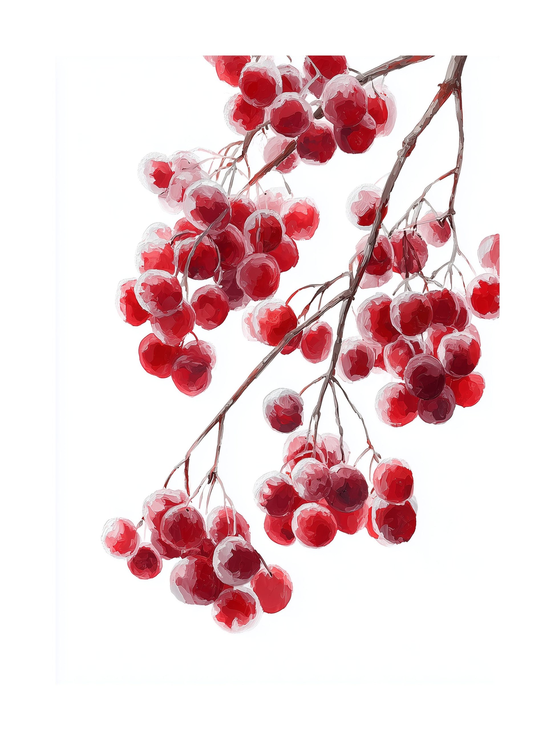 Painting of red frosted berries on thin branches with a white background.