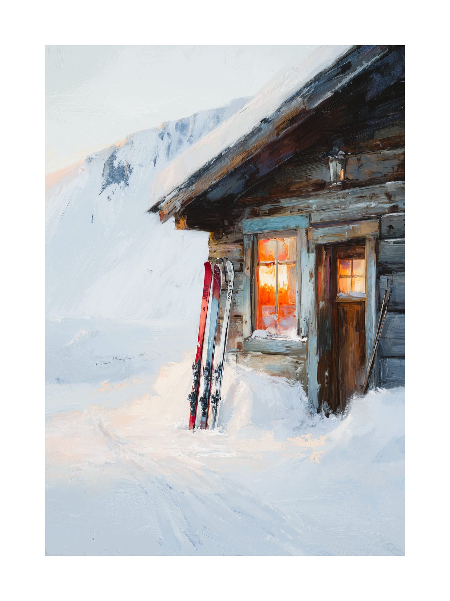 Wooden cabin in snow with skis resting outside and warm light from window.