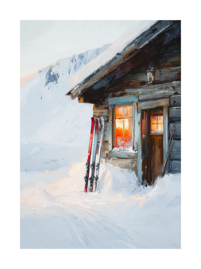 Wooden cabin in snow with skis resting outside and warm light from window.