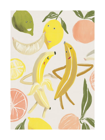 Poster of smiling cartoon fruits including bananas, lemons, and oranges