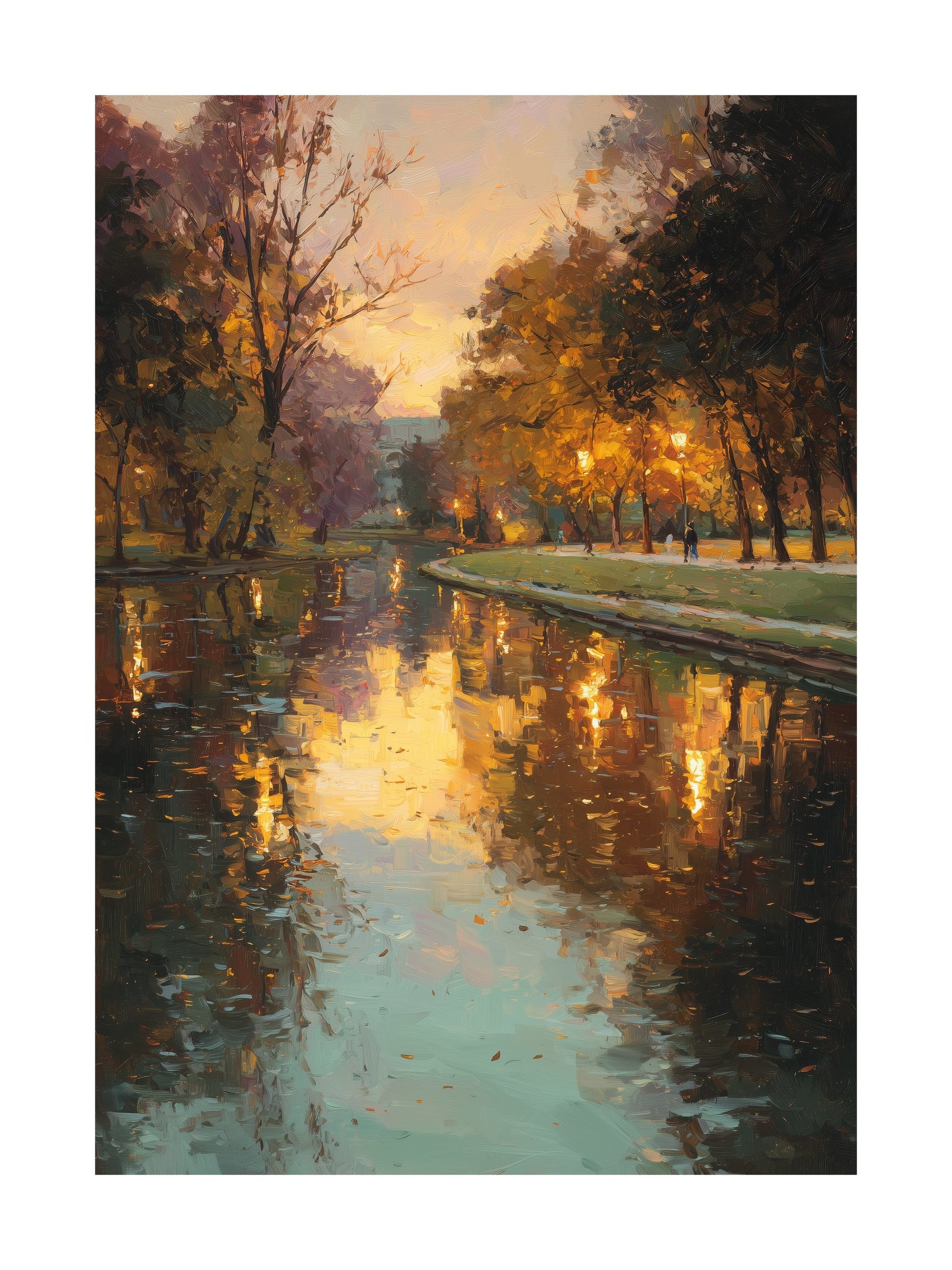 Poster of autumn park at golden hour with glowing reflections in the water