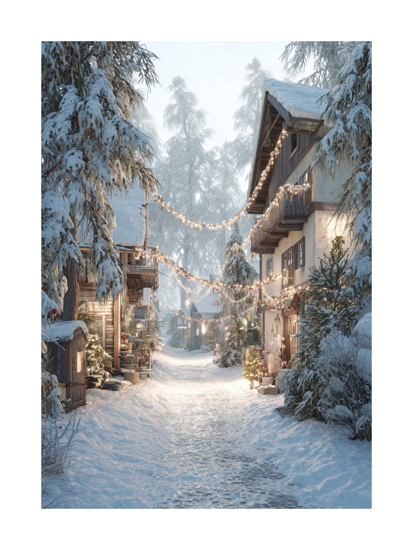 Snowy forest village at Christmas with festive lights and winter charm