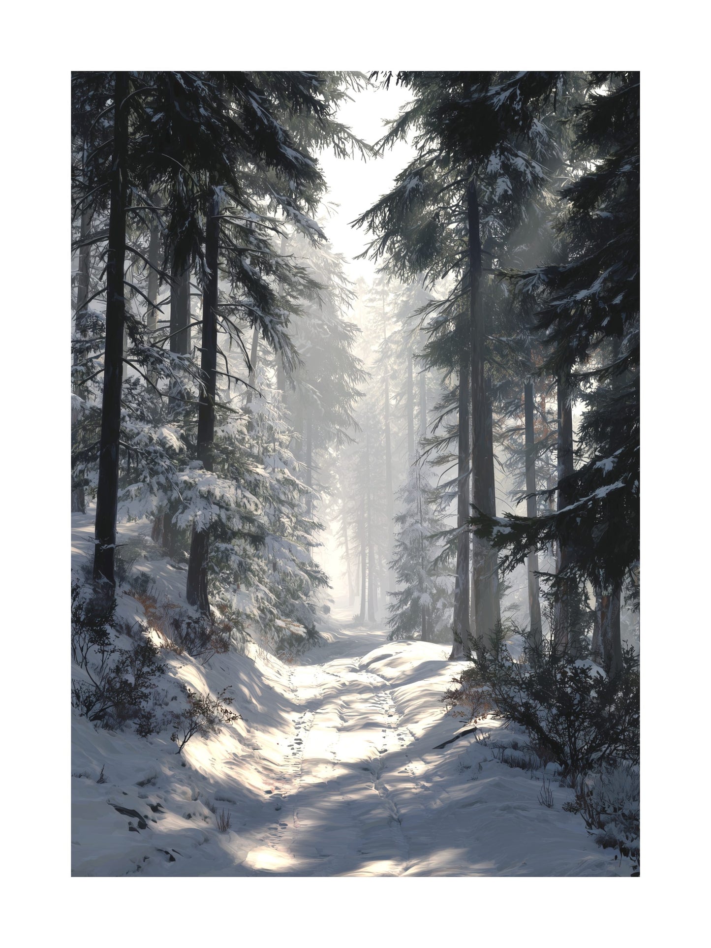 Snowy forest path surrounded by tall pine trees and gentle sunlight.
