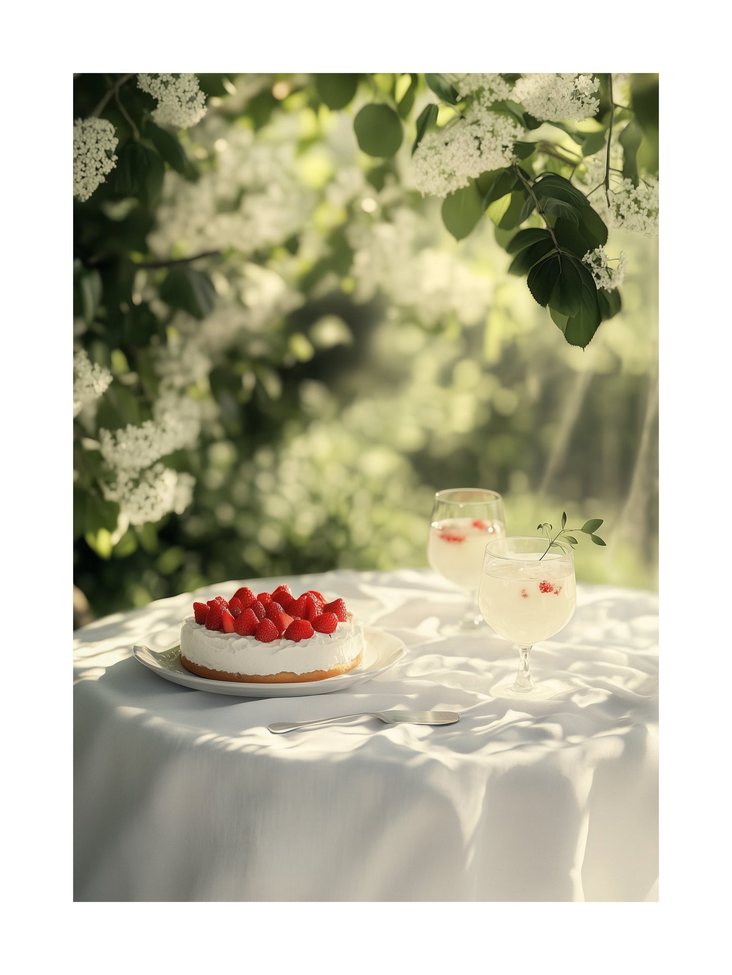 Poster of summer garden table with strawberry cake and floral drink