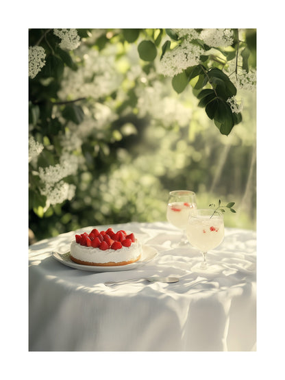 Poster of summer garden table with strawberry cake and floral drink
