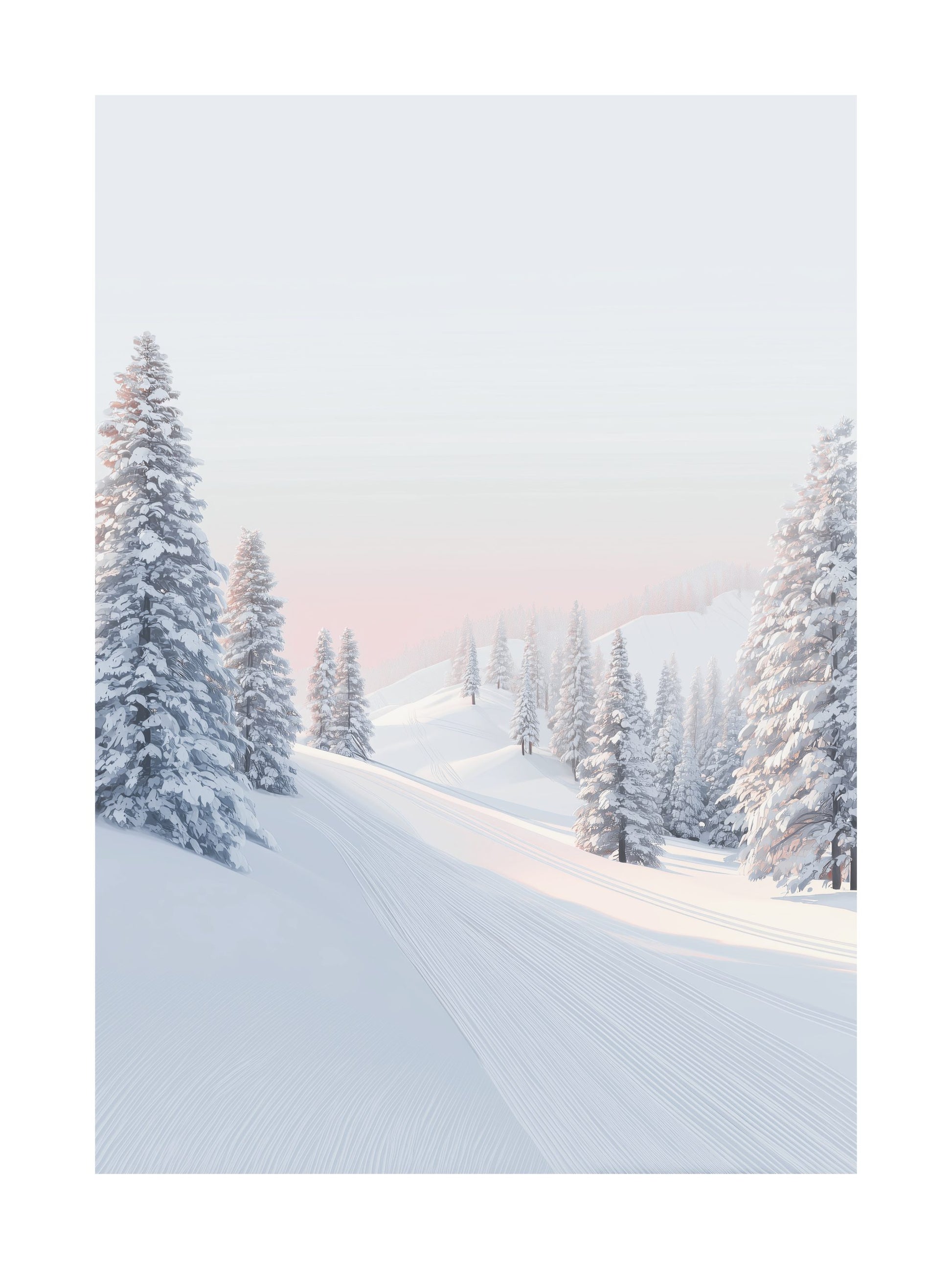 Snowy ski trails surrounded by pine trees in soft pink morning light.