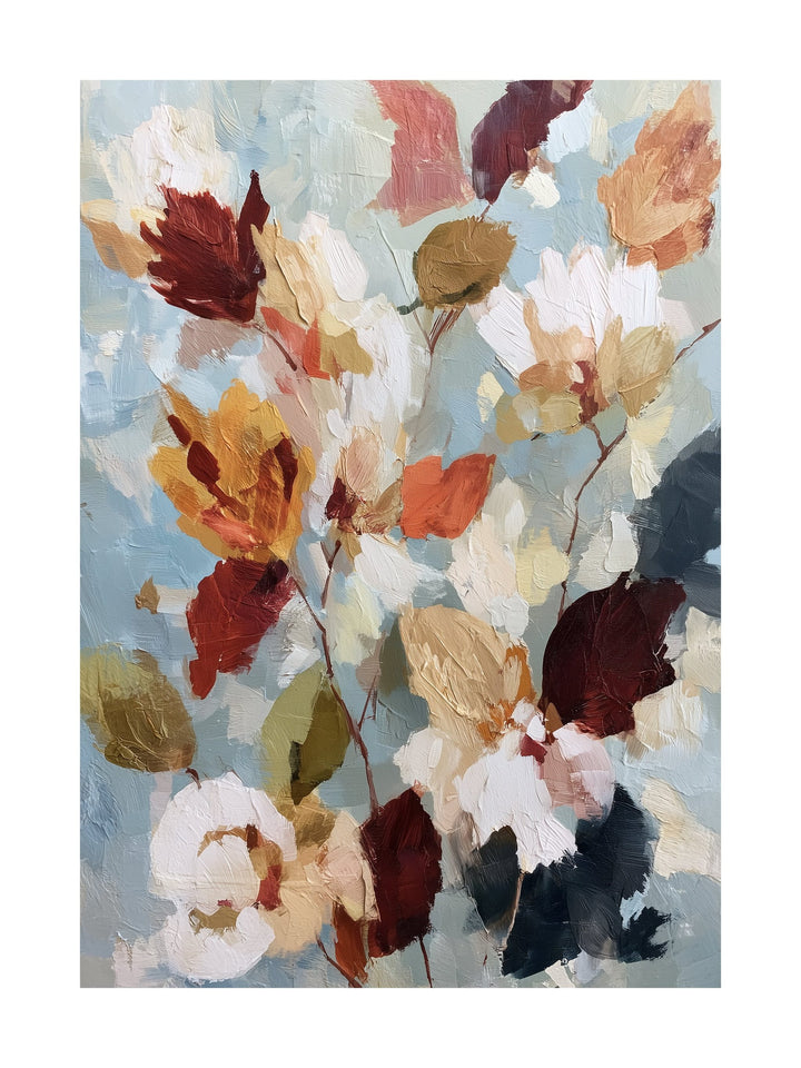 Abstract poster of autumn florals in warm colors with bold brushstrokes