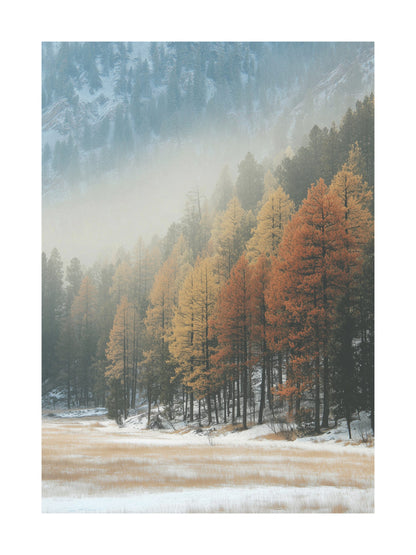 Foggy forest with golden pine trees and snowy ground in soft morning light.