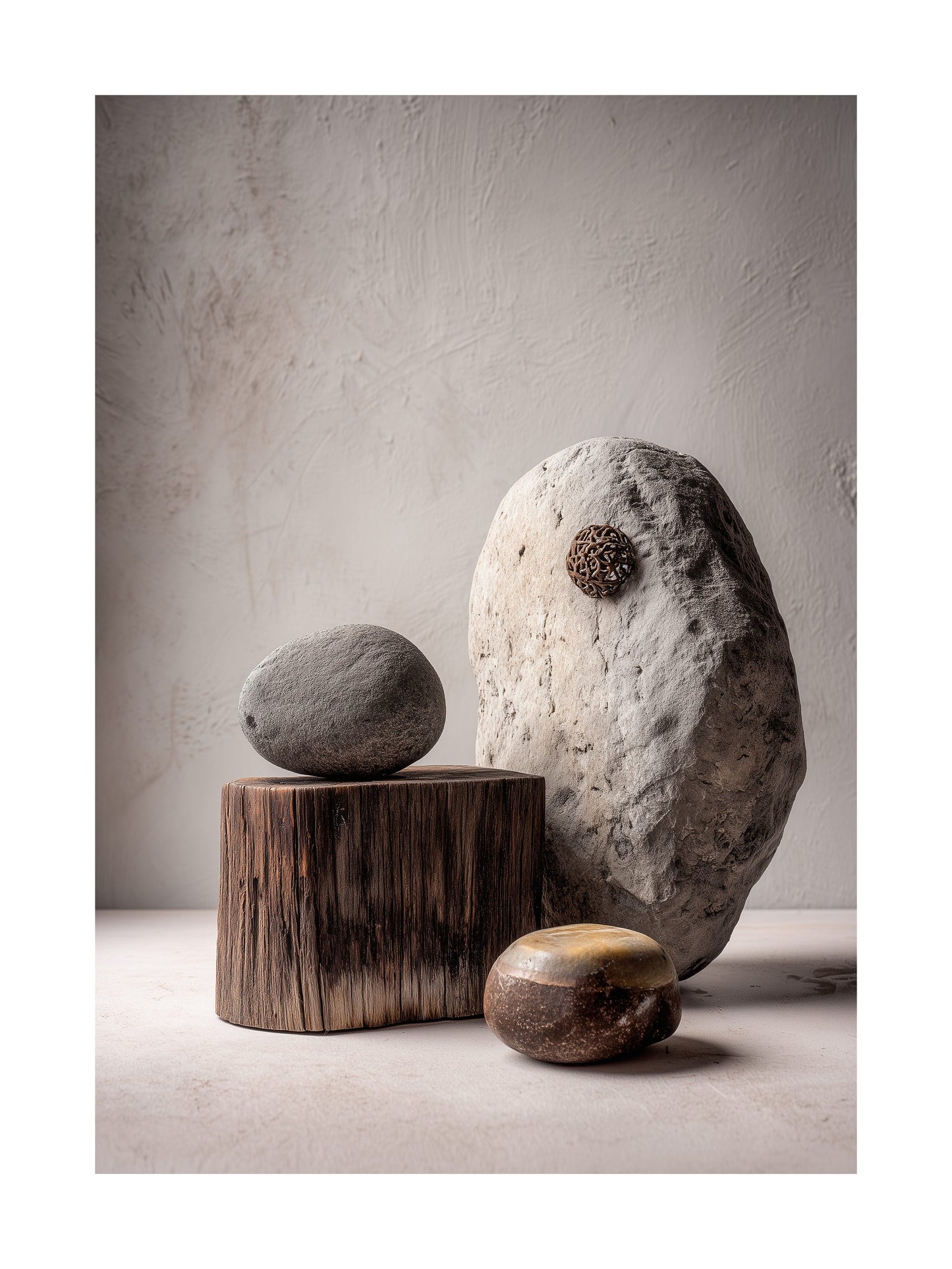 Minimalist still life with stones and wooden block