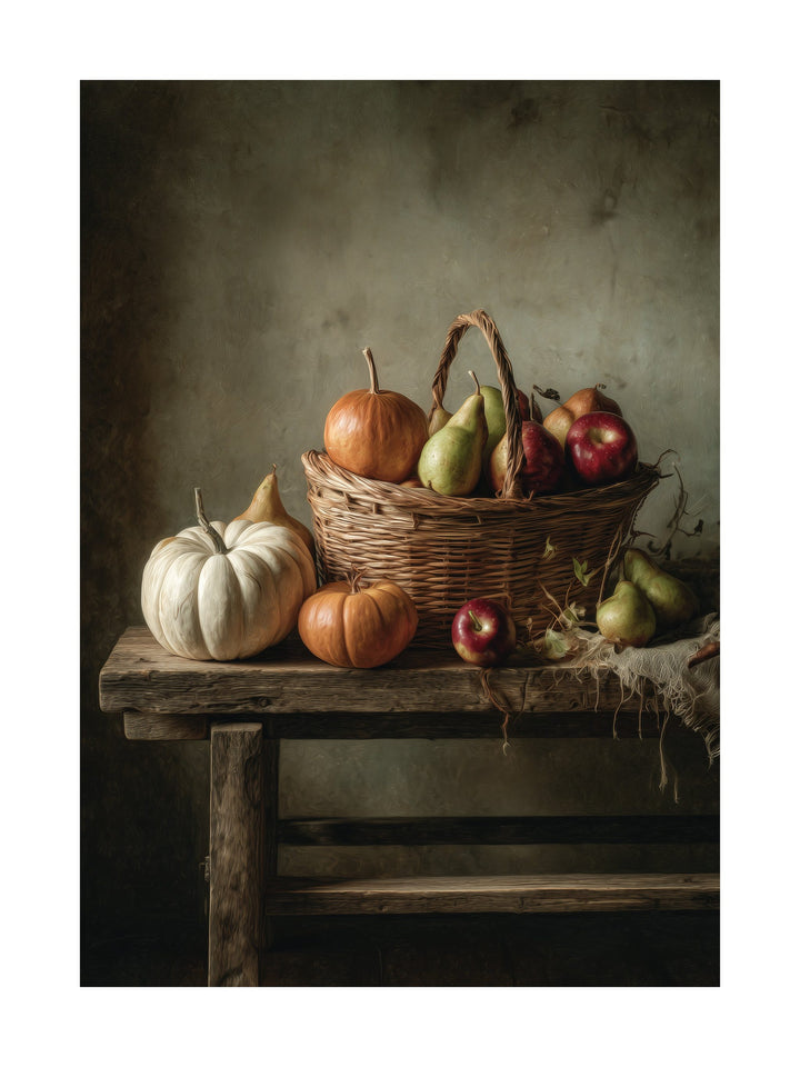 Poster of a harvest basket with pumpkins, apples and pears