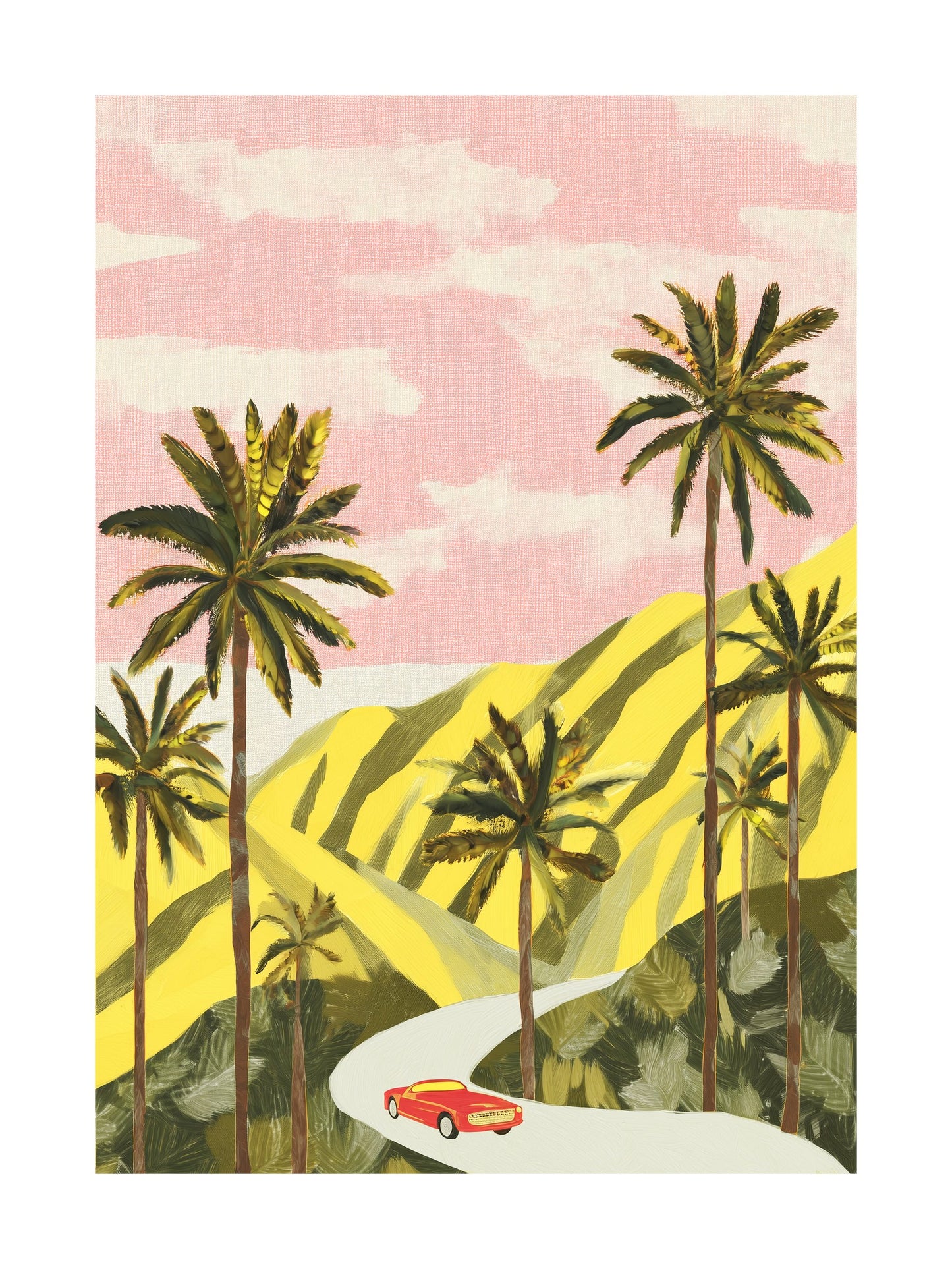 Poster of a red convertible driving through a palm-lined desert under pink sky