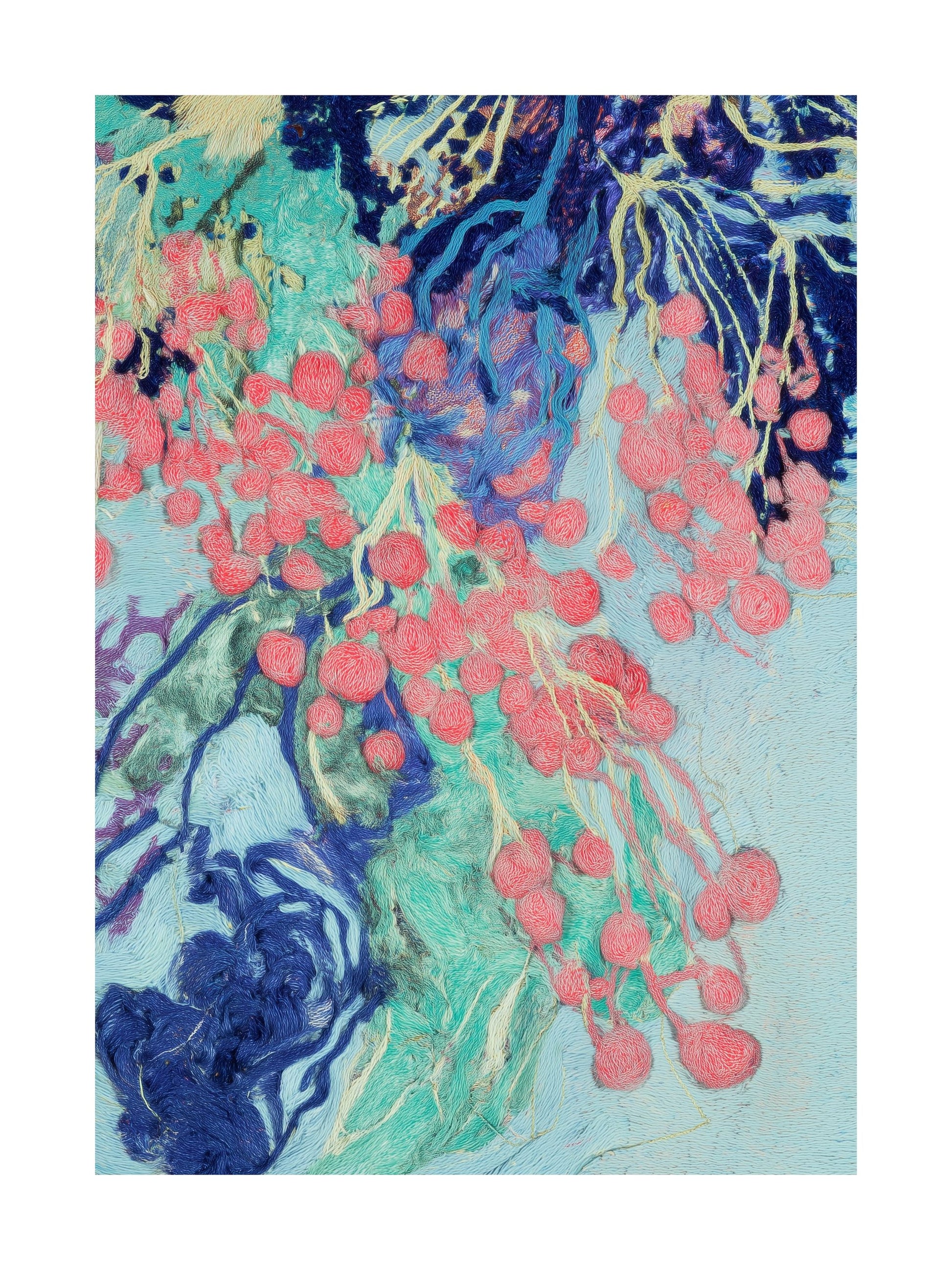 Coral berries and blue leaves in pastel abstract style
