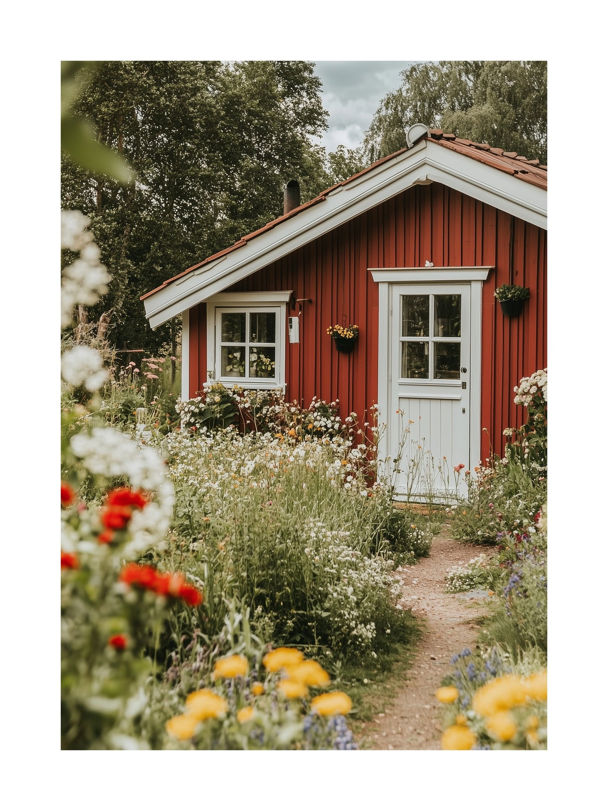 Poster of red Swedish summer cottage with garden flowers in Falsterbo