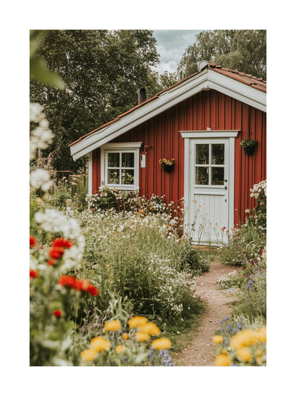 Poster of red Swedish summer cottage with garden flowers in Falsterbo