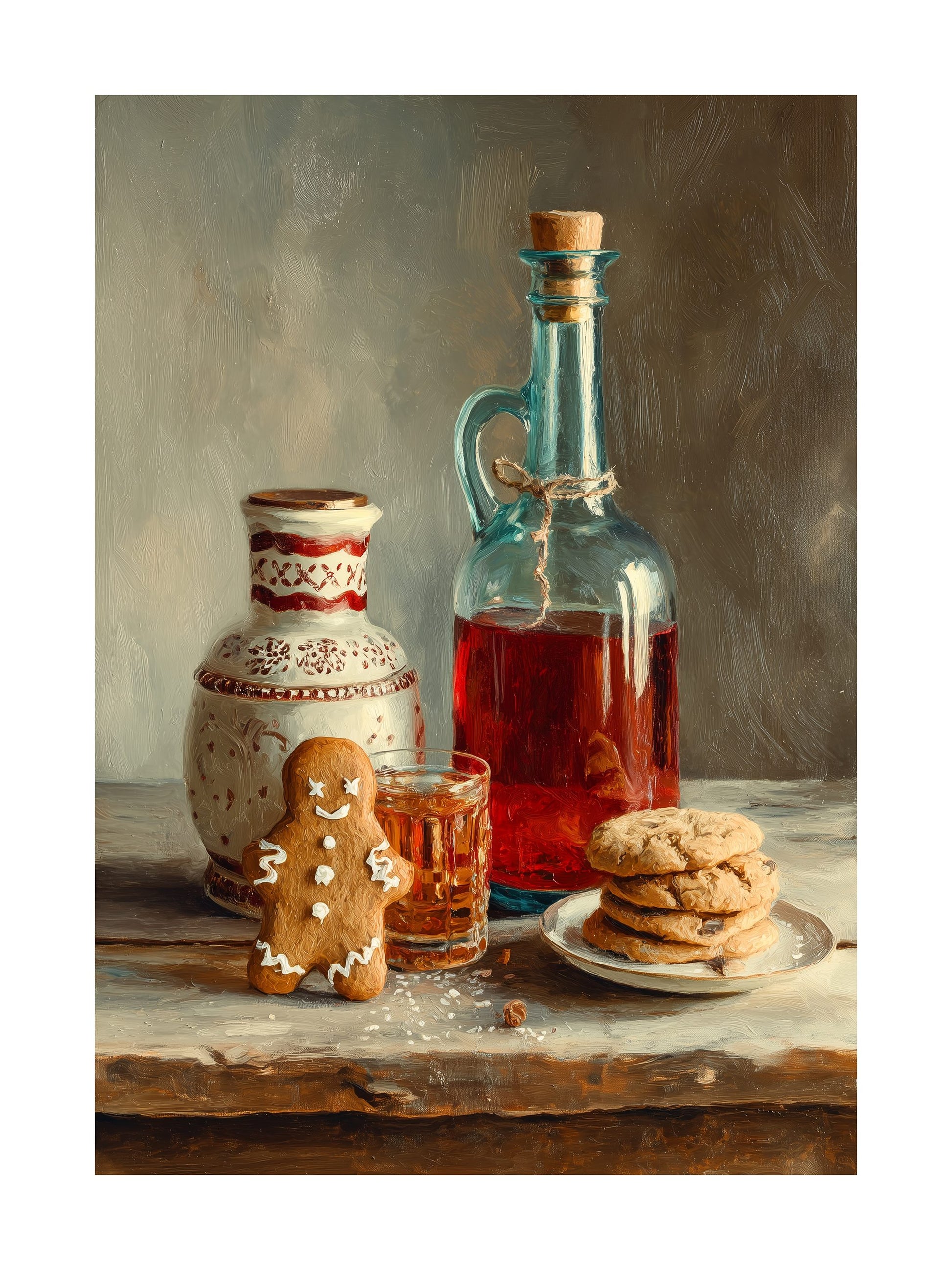 Vintage still life Christmas poster with gingerbread cookies and mulled wine
