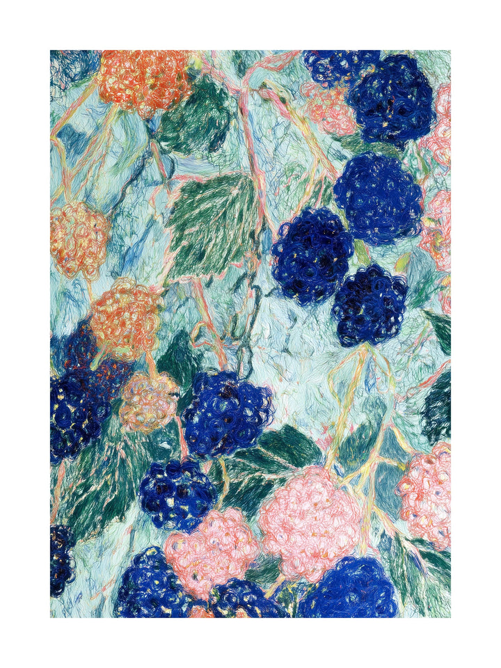 Textured illustration of blackberries and leaves in vibrant colors