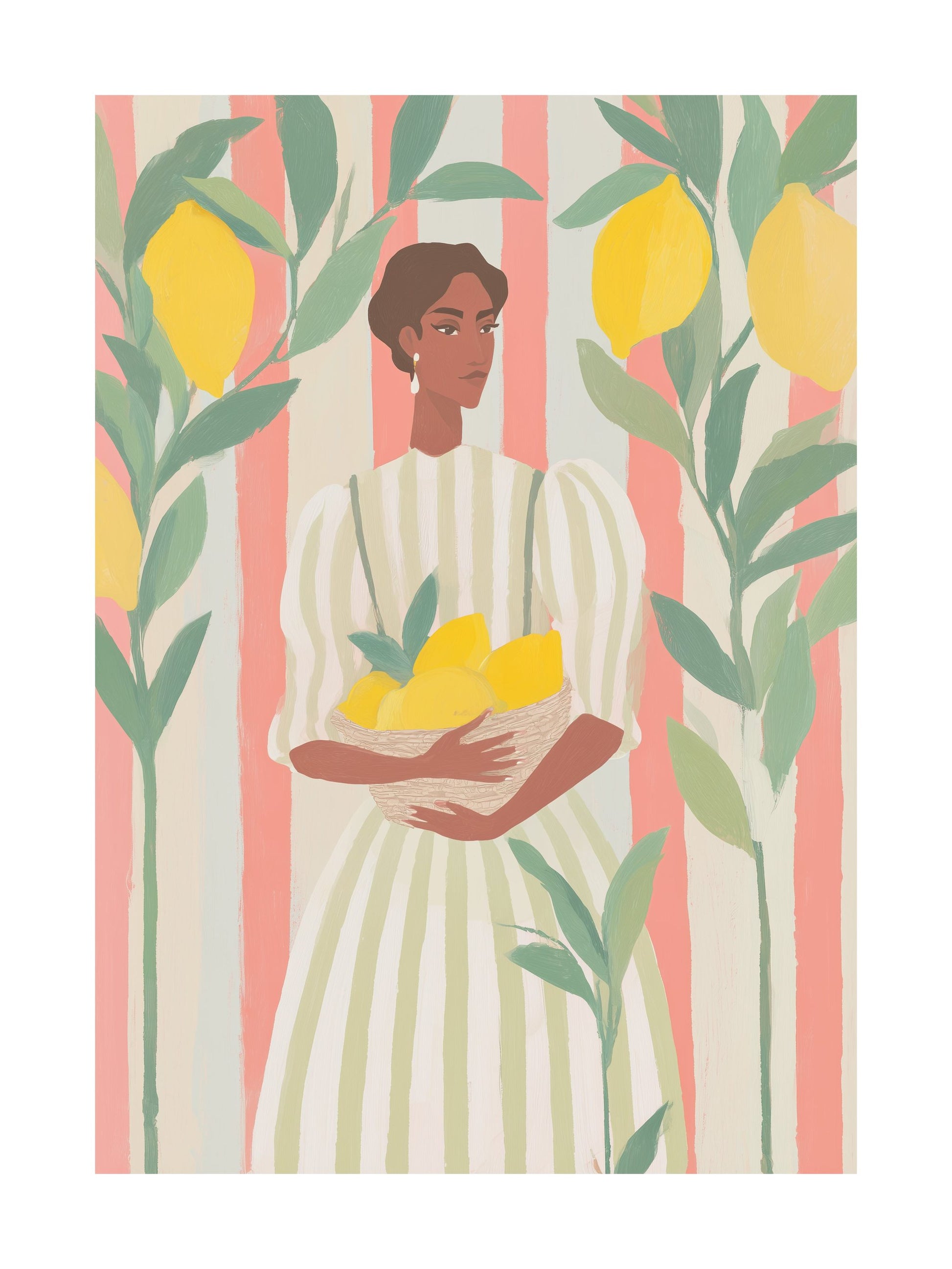 Poster of a woman holding lemons with striped background and citrus trees