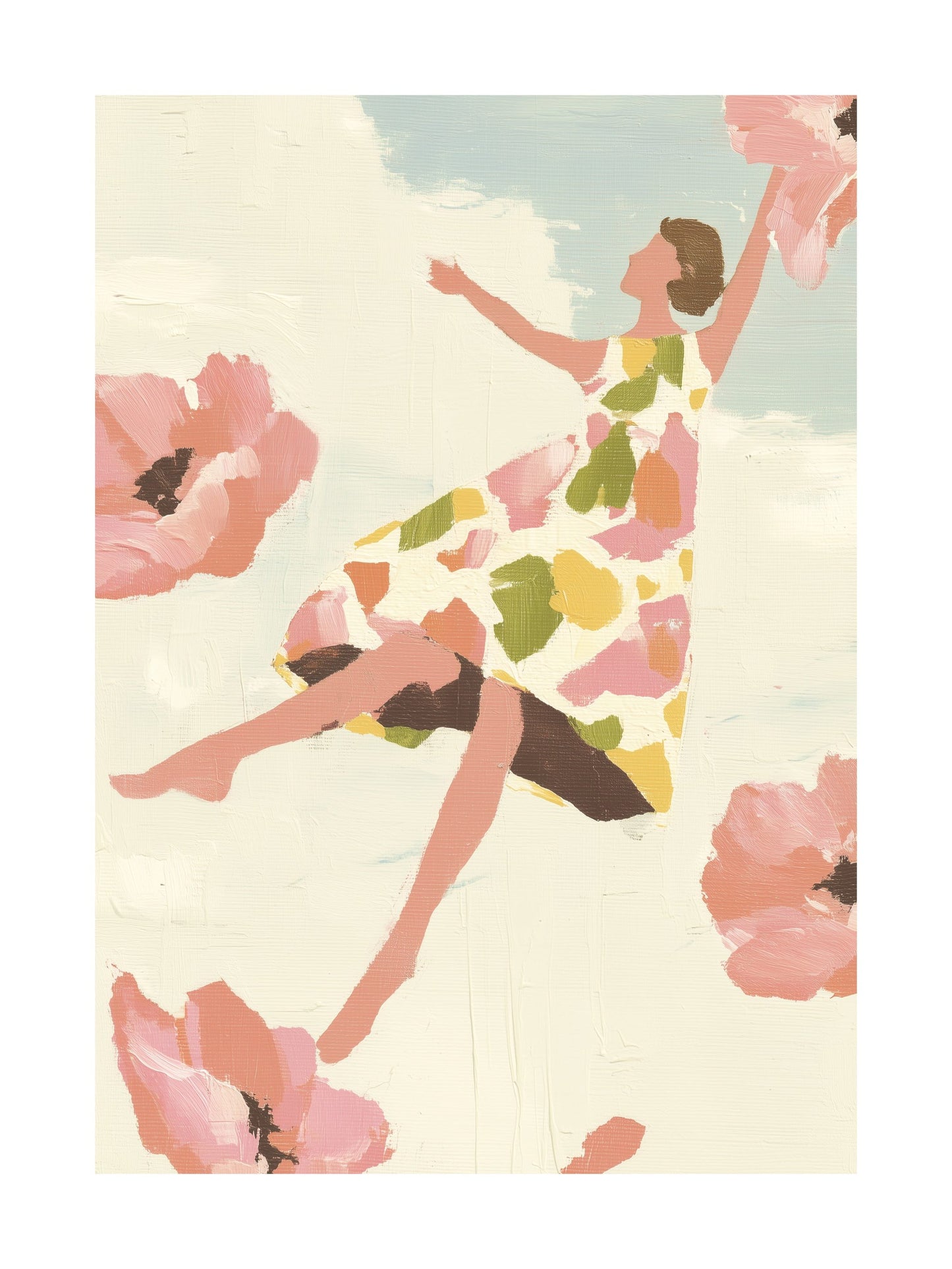 Poster of a woman floating mid-air with her floral skirt blooming in the sky